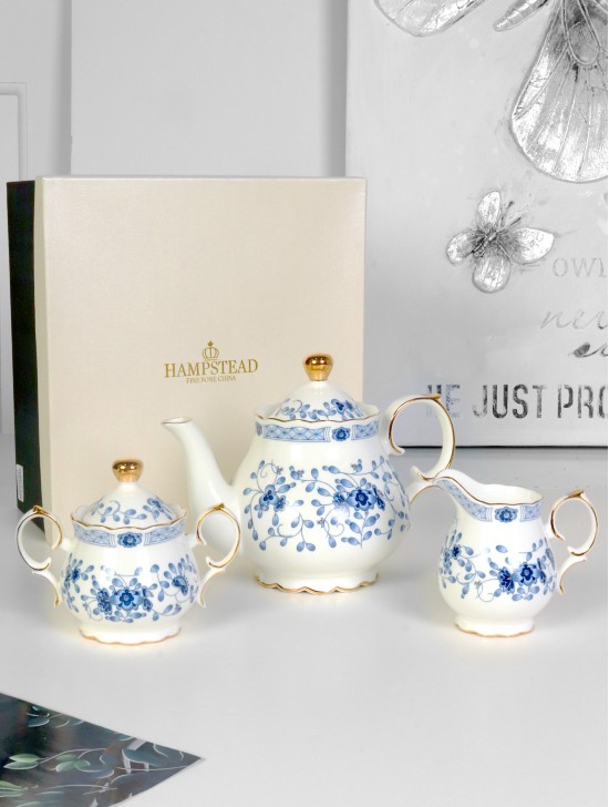 Blue Flowers Tea Pot, Cream and Sugar Set